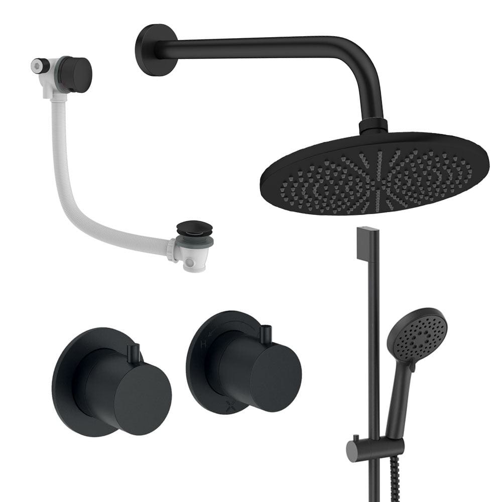 UK Bathroom Store Concealed Shower Set Matt Black / Wall Arm / 300mm Crosswater Module Shower Set 7 - 3 Outlet with Riser Rail Kit, Overhead Shower and Overflow Bath Filler
