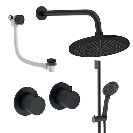 UK Bathroom Store Concealed Shower Set Matt Black / Wall Arm / 300mm Crosswater Module Shower Set 7 - 3 Outlet with Riser Rail Kit, Overhead Shower and Overflow Bath Filler