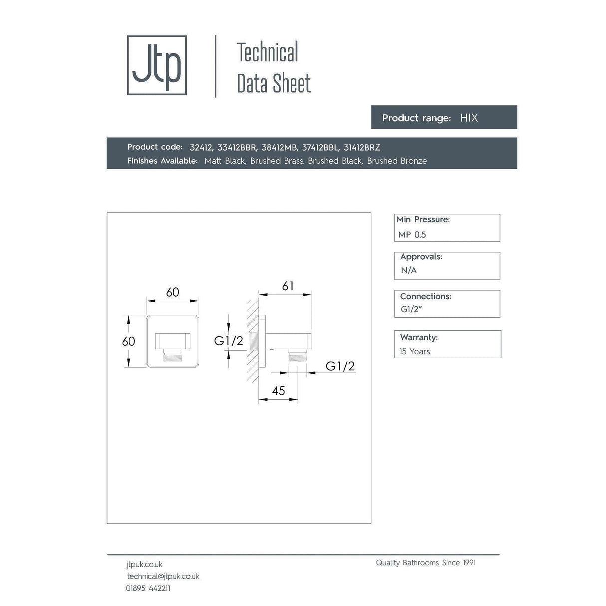 JTP Shower Brackets and Outlets JTP HIX Square Water Outlet
