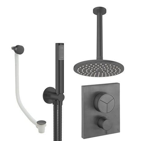 UK Bathroom Store Concealed Shower Set Slate / Ceiling Arm / 200mm Crosswater Crossbox Push Shower Set 7 - 3 Outlet with Fixed Overhead Shower, Pencil Handset and Overflow Bath Filler Waste