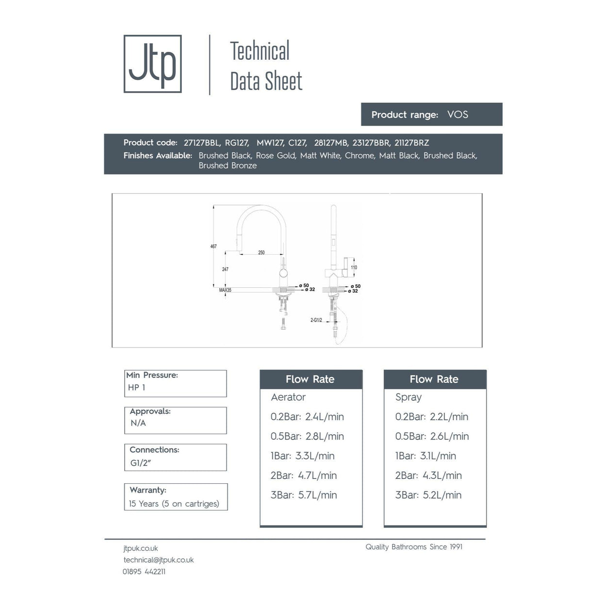 JTP VOS Single Lever Pull Out Kitchen  Mixer Tap