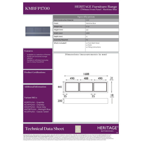 Heritage Bath Panel Heritage Bath Front Panel 1700mm in Maritime Blue