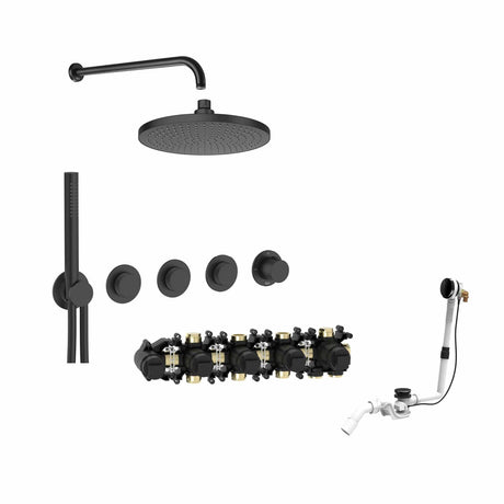 Roca Concealed Shower Set Matt Black Roca T-Multi Switch Thermostatic Concealed Shower Valve with Rainshower Head, Pencil Handset  and Overflow Bath Filler