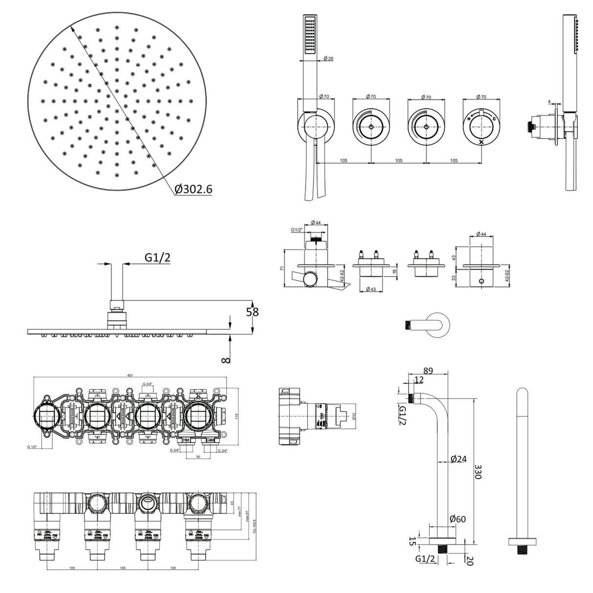 UK Bathroom Store Concealed Shower Set Crosswater Module Shower Set 8 - 2 Outlet with Pencil Handset and Overhead Shower