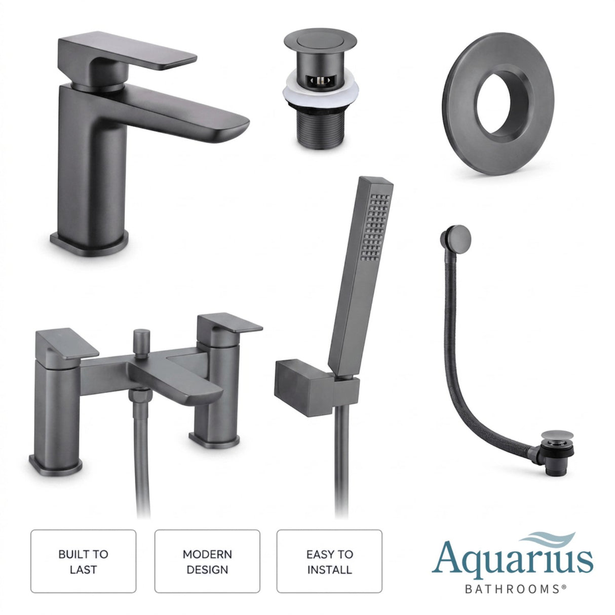 Aquarius Bathrooms Bath Shower Mixer Gun Metal Grey Aquarius Hydro Complete Bath Brassware Pack with Basin Mixer, Bath and Shower Mixer