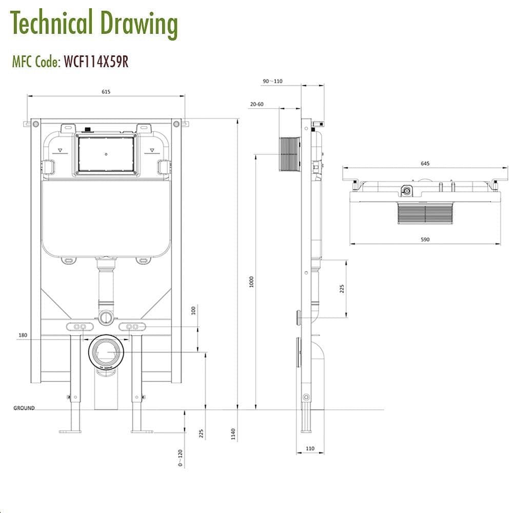 Crosswater Wall Hung WC Frame Crosswater 1.14m Ultra Slim Depth Dual Flush WC Support Frame Set with Flush Plate
