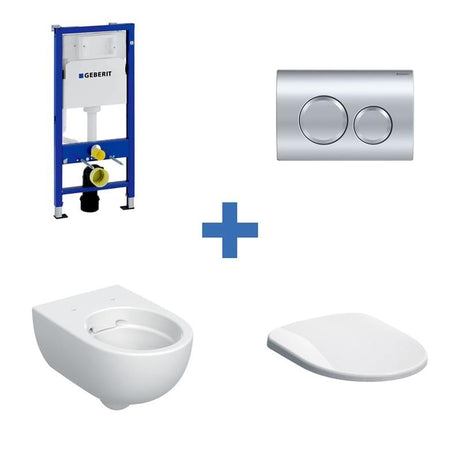 UK Bathroom Store Wall Hung Toilet Geberit Selnova Wall-Hung Rimless Toilet with Frame, Cistern, Flush Plate and Soft Close Seat Pack