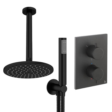 UK Bathroom Store Concealed Shower Set Matt Black / Ceiling Arm / 200mm Crosswater Crossbox Shower Set 3 - 2 Outlet with Pencil Handset and Fixed Overhead Shower