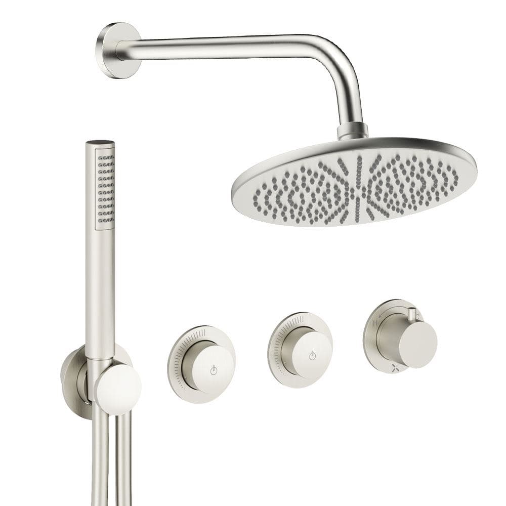 UK Bathroom Store Concealed Shower Set Brushed Nickel / Wall Arm / 300mm Crosswater Module Shower Set 8 - 2 Outlet with Pencil Handset and Overhead Shower