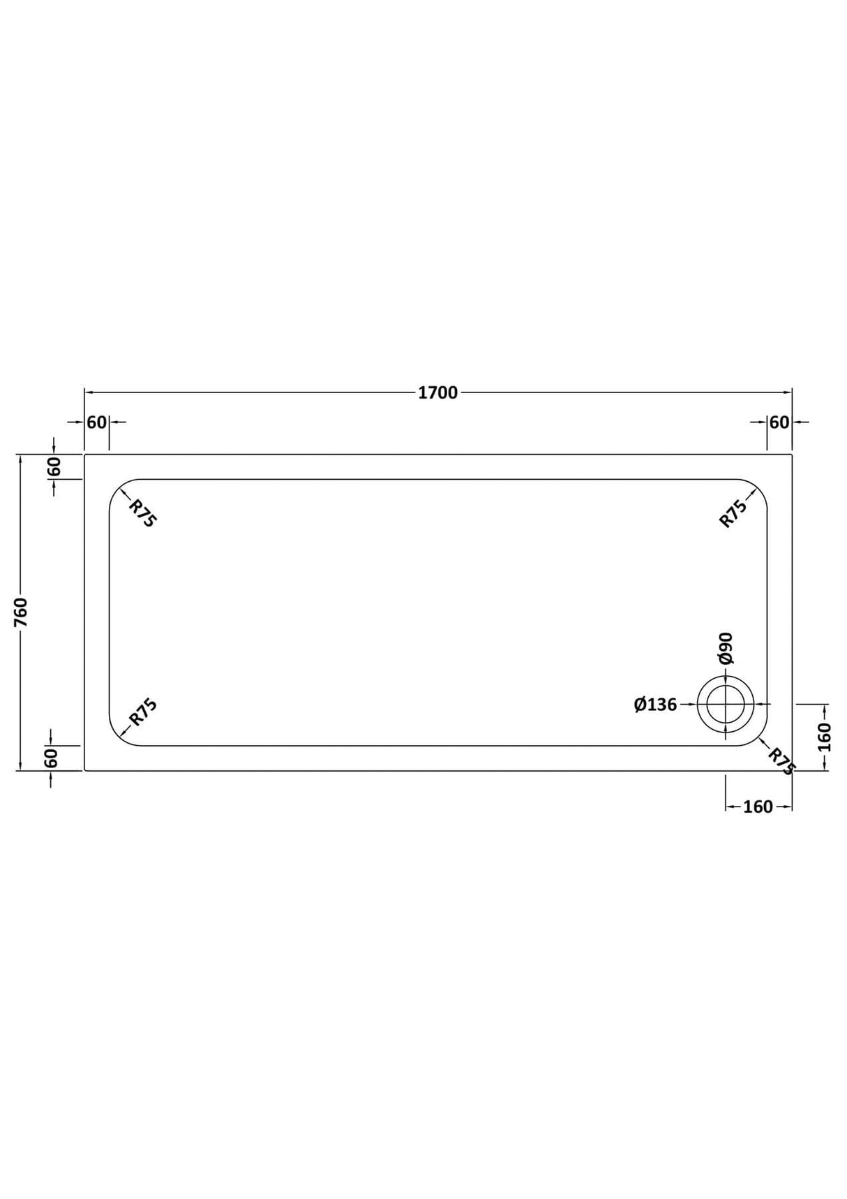 Aquarius Bathrooms Rectangle Shower Tray 1700x760mm Aquarius Urbano Rectangular 45mm Stone Resin Shower Tray in Slate Grey