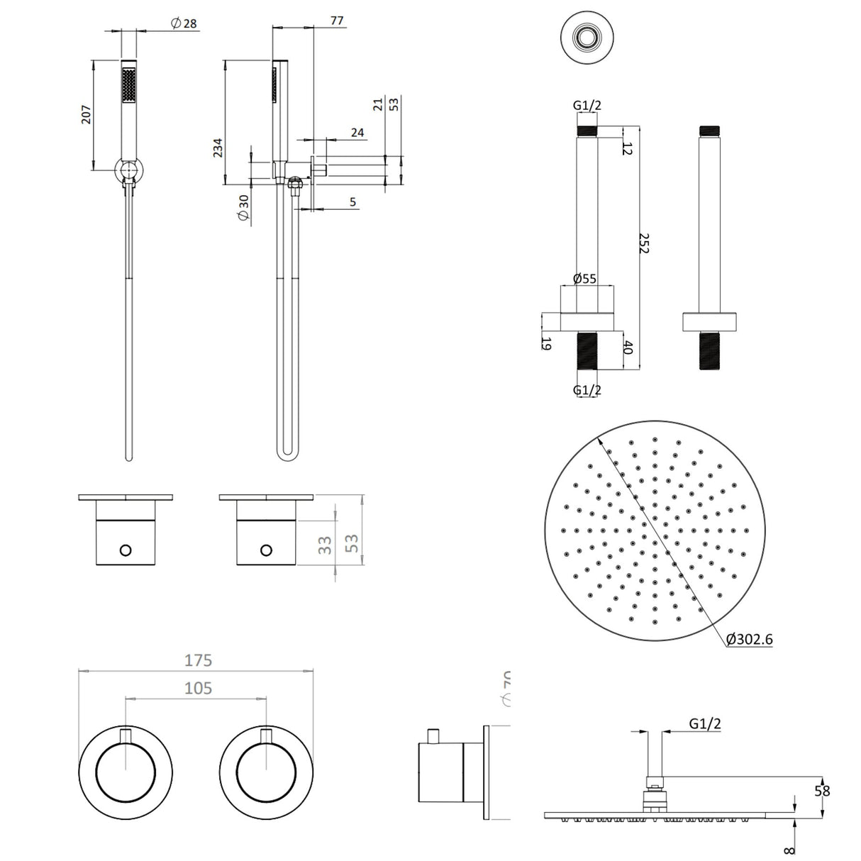 UK Bathroom Store Concealed Shower Set Crosswater Module Shower Set 1 with Fixed Head and Pencil Handset