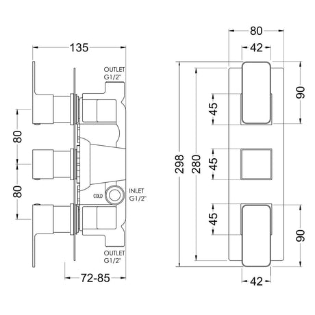 Aquarius Bathrooms Concealed Shower Valve Aquarius Tetra 2-Outlet Triple Handle Thermostatic Concealed Valve