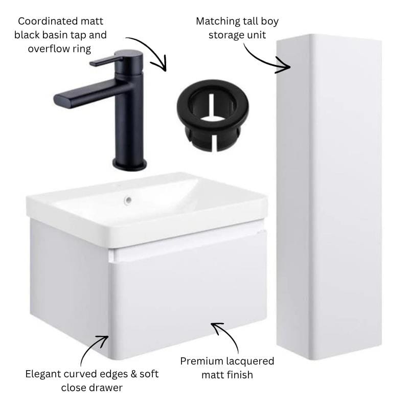 Aquarius Bathrooms Wall Mounted Vanity Unit Aquarius Sophie 605mm Wall Hung Vanity Unit, Tall Boy Storage Unit, Tap and Fittings Bundle