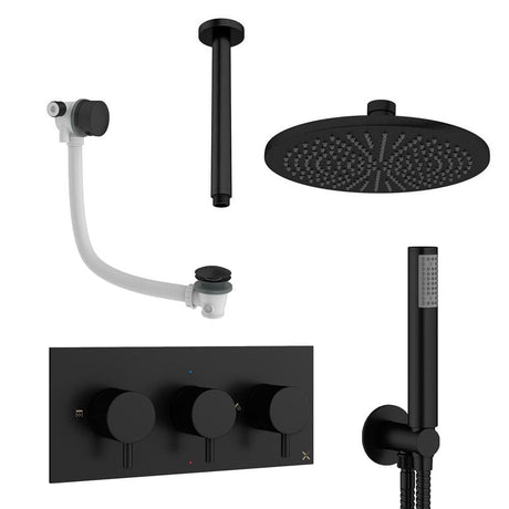 Crosswater Concealed Shower Set Matt Black / Ceiling Arm / 300mm Crosswater Design 3 Handle 3 Outlet Shower and Bath Filler Set 8