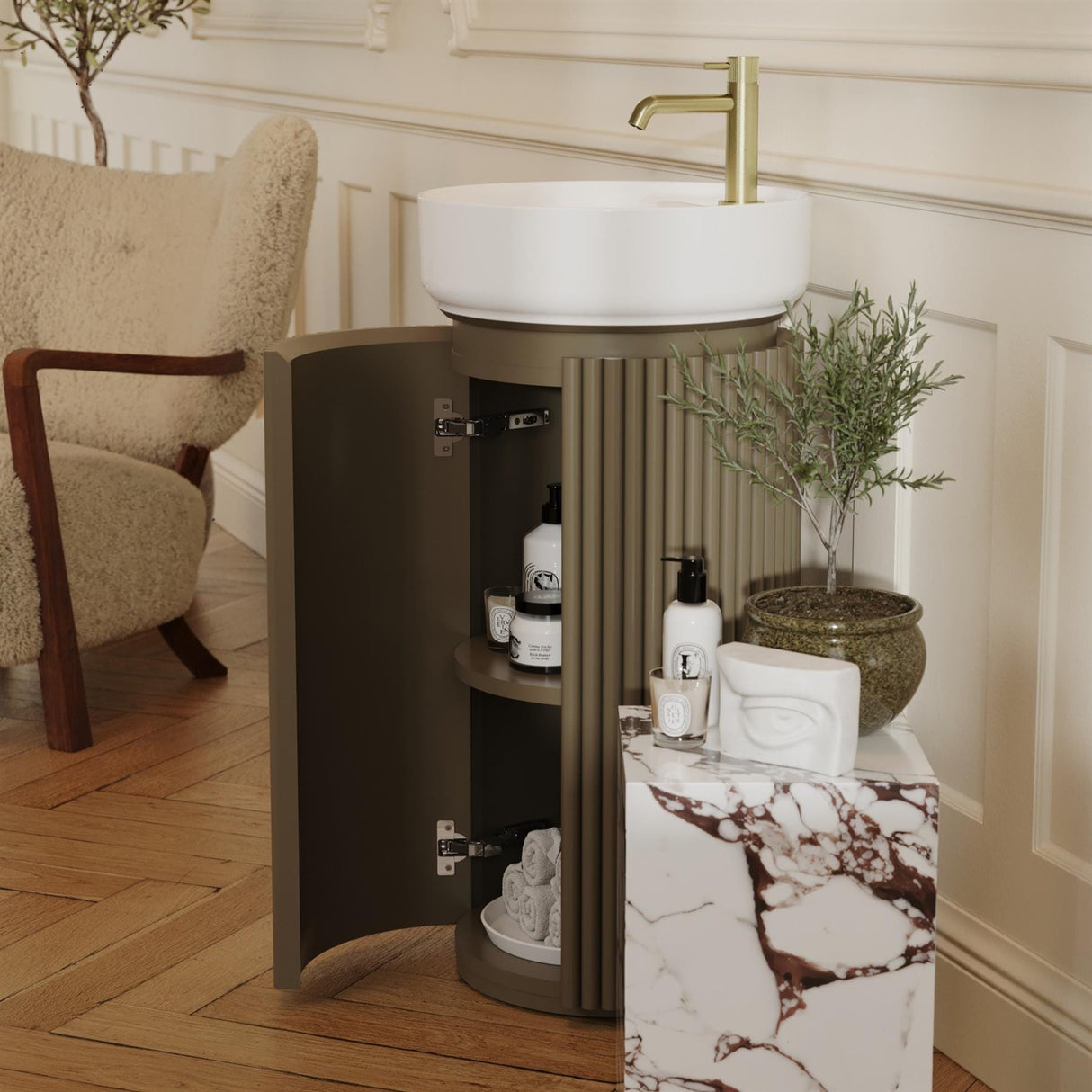 Saneux Oxford 400mm Floor Standing Round Fluted Vanity Unit with Basin