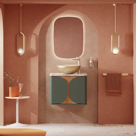 Crosswater Wall Mounted Vanity Unit Sage Green / Crosswater Tambour Worktop - Gold Vein Estatuario Crosswater Tambour Wall Mounted 600mm One Drawer Vanity Unit with Basin or Worktop