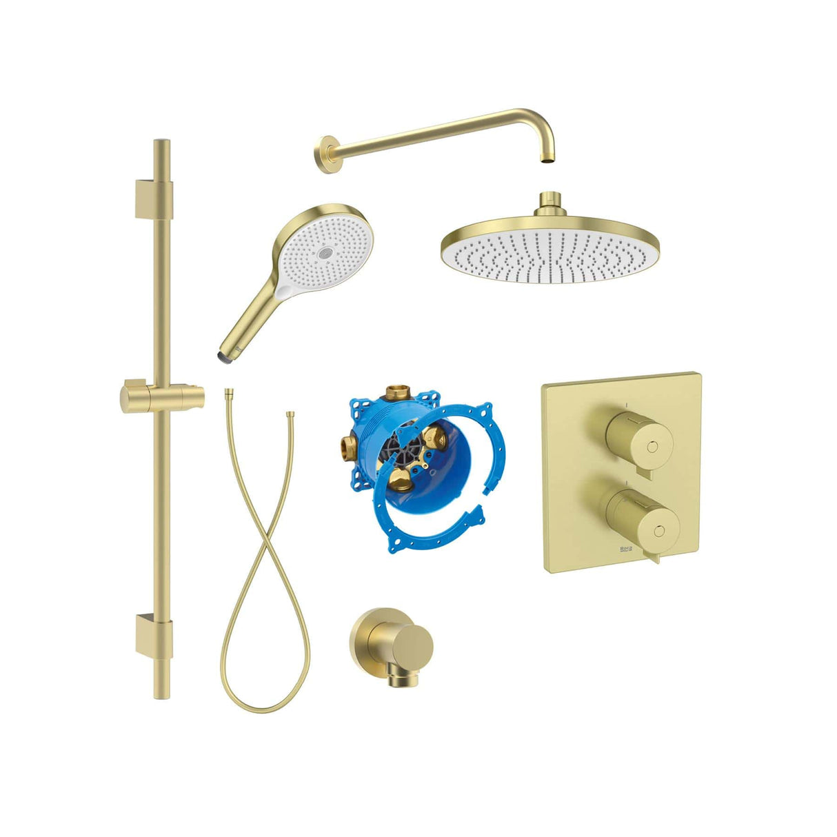 Roca Concealed Shower Set Brushed Brass Roca T-500 Square Thermostatic Concealed Shower Valve with Rainshower Head, Shower Handset and Slide Rail Set