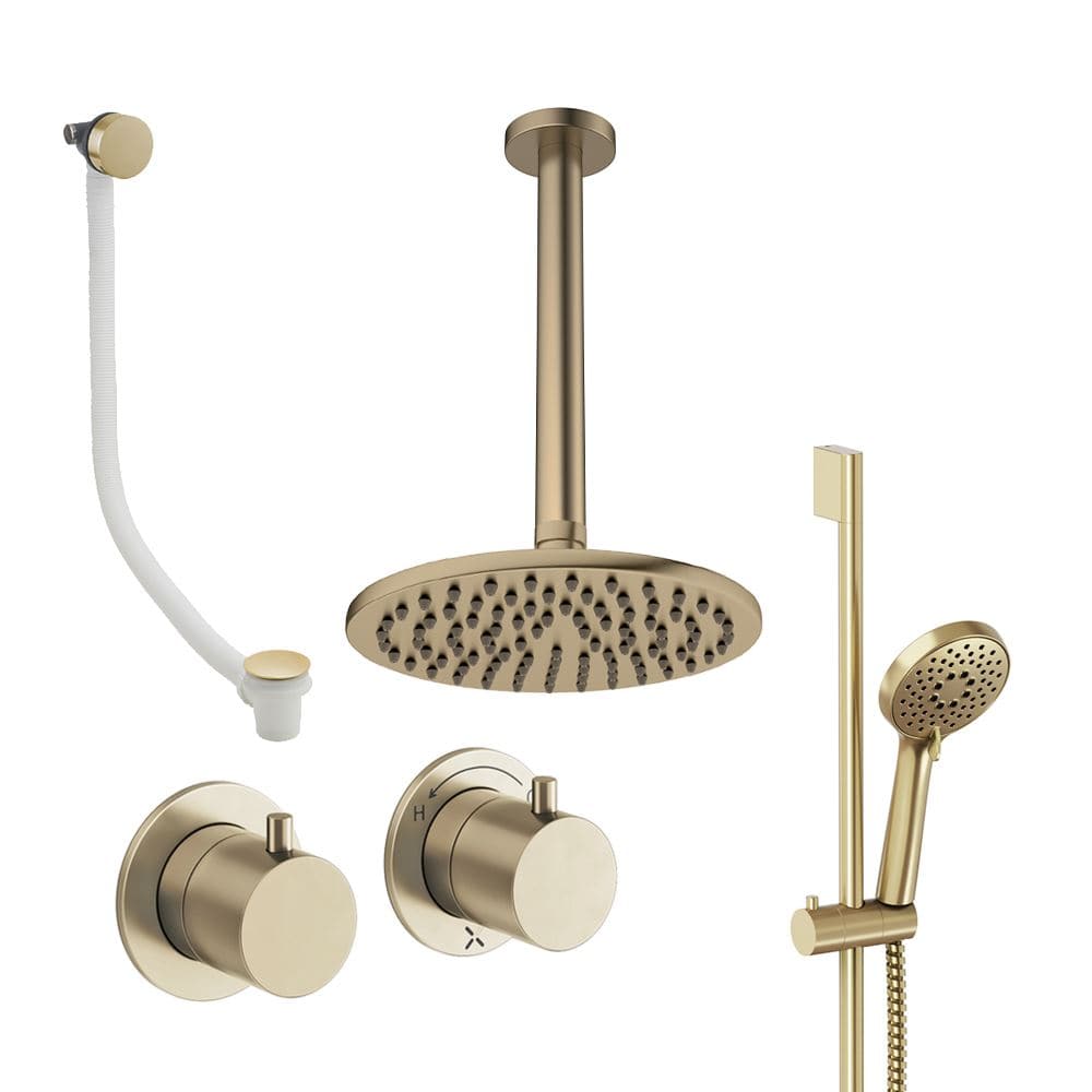 UK Bathroom Store Concealed Shower Set Brushed Brass / Ceiling Arm / 200mm Crosswater Module Shower Set 7 - 3 Outlet with Riser Rail Kit, Overhead Shower and Overflow Bath Filler