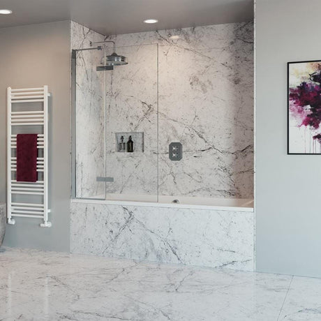 Crosswater Bath Screen Crosswater Optix 10 Bathscreen Single with Inline Panel 900mm with 90 Degree Left Handed Opening in Polished Stainless Steel