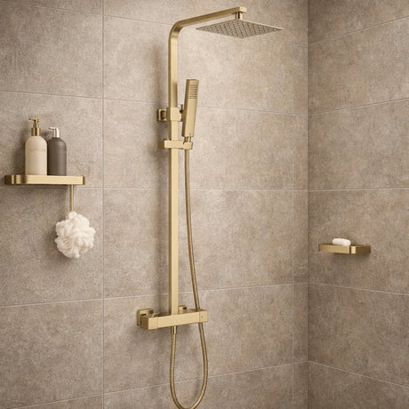 Aquarius Bathrooms Exposed Shower Set Brushed Brass Aquarius RainLux Cool Touch Adjustable Square Exposed Shower Valve and Kit