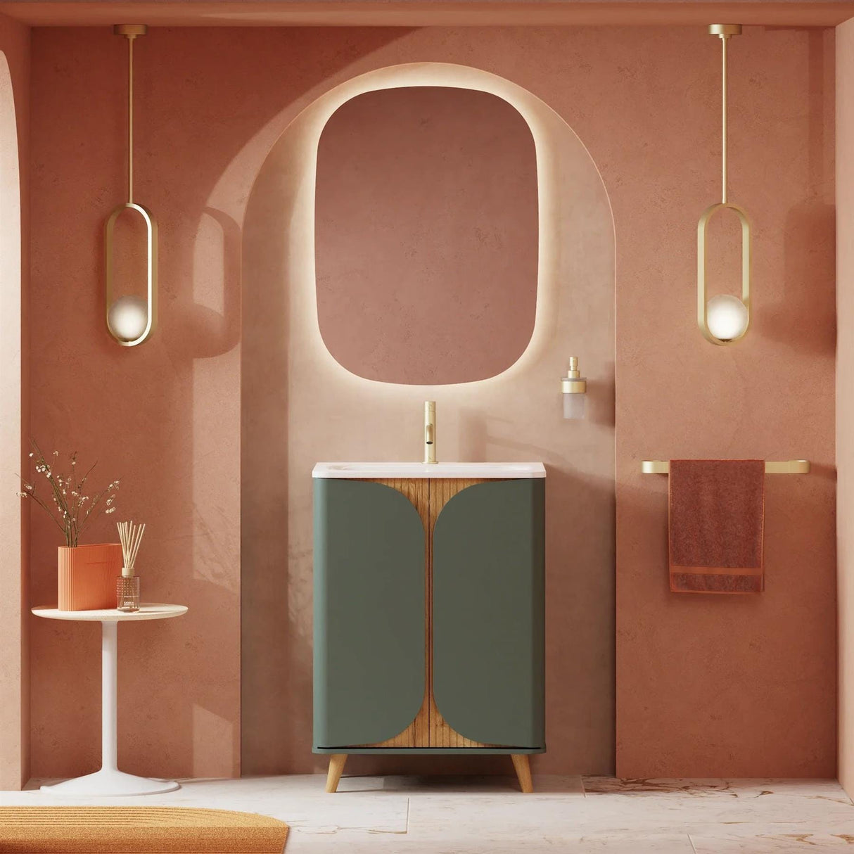 Crosswater Floor Standing Vanity Unit Sage Green / Crosswater Tambour Basin - 1 Tap Hole - White Crosswater Tambour 600mm Floor Standing Two Door Vanity Unit with Basin or Worktop
