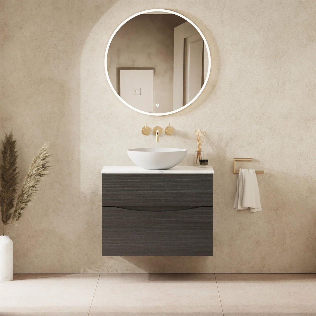 Crosswater Wall Mounted Vanity Unit 700mm / Steelwood / Carrara Marble Effect Crosswater Glide II Wall Mounted Two Drawer Vanity Unit with Worktop
