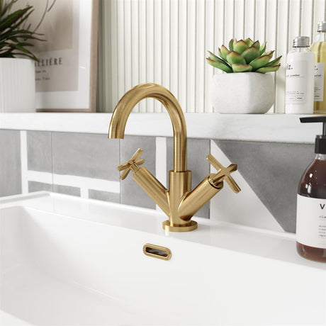 Aquarius Bathrooms Mono Basin Tap Brushed Brass Aquarius Clarion Crosshandle Mono Basin Mixer Tap with Push Button Waste