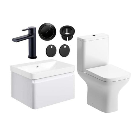 Aquarius Bathrooms Suites Matt White / Matt Black Aquarius Sophie 605mm Wall Hung Vanity Unit, Close Coupled Toilet, Tap and Fittings Bundle