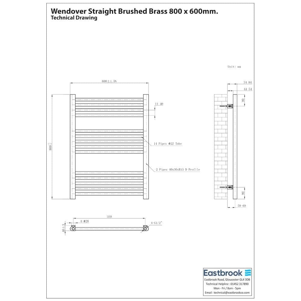 Eastbrook Ladder Rail Eastbrook Wendover Straight Heated Towel Rail in Brushed Brass
