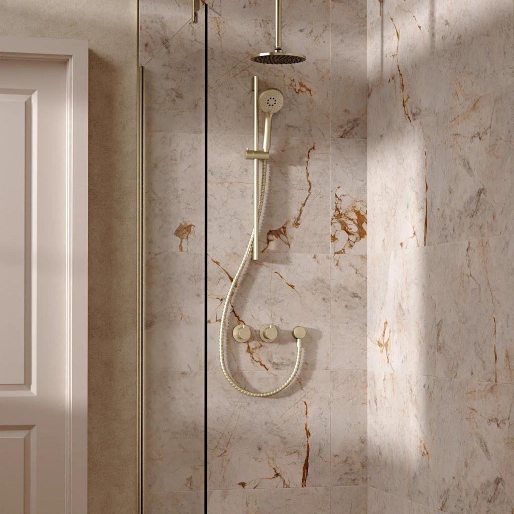 UK Bathroom Store Concealed Shower Set Brushed Brass / Ceiling Arm / 200mm Crosswater Module Shower Set 2 with Riser Rail Kit and Overhead Shower