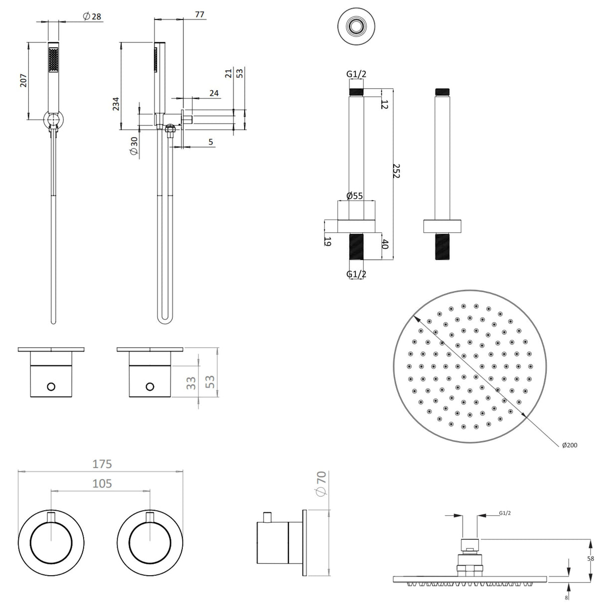 UK Bathroom Store Concealed Shower Set Crosswater Module Shower Set 1 with Fixed Head and Pencil Handset