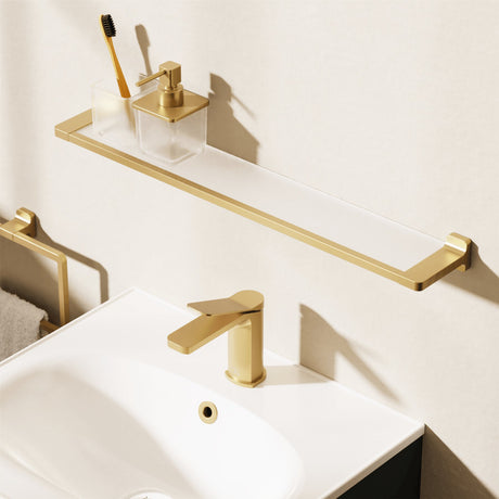 Crosswater Shelf Brushed Brass Crosswater Rotar Shelf, Soap Dispenser and Tumbler Holder