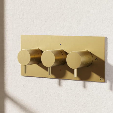 Crosswater Concealed Shower Valve Brushed Brass Crosswater MPRO 2 Outlet, 3 Handle Landscape Concealed Thermostatic Shower Valve