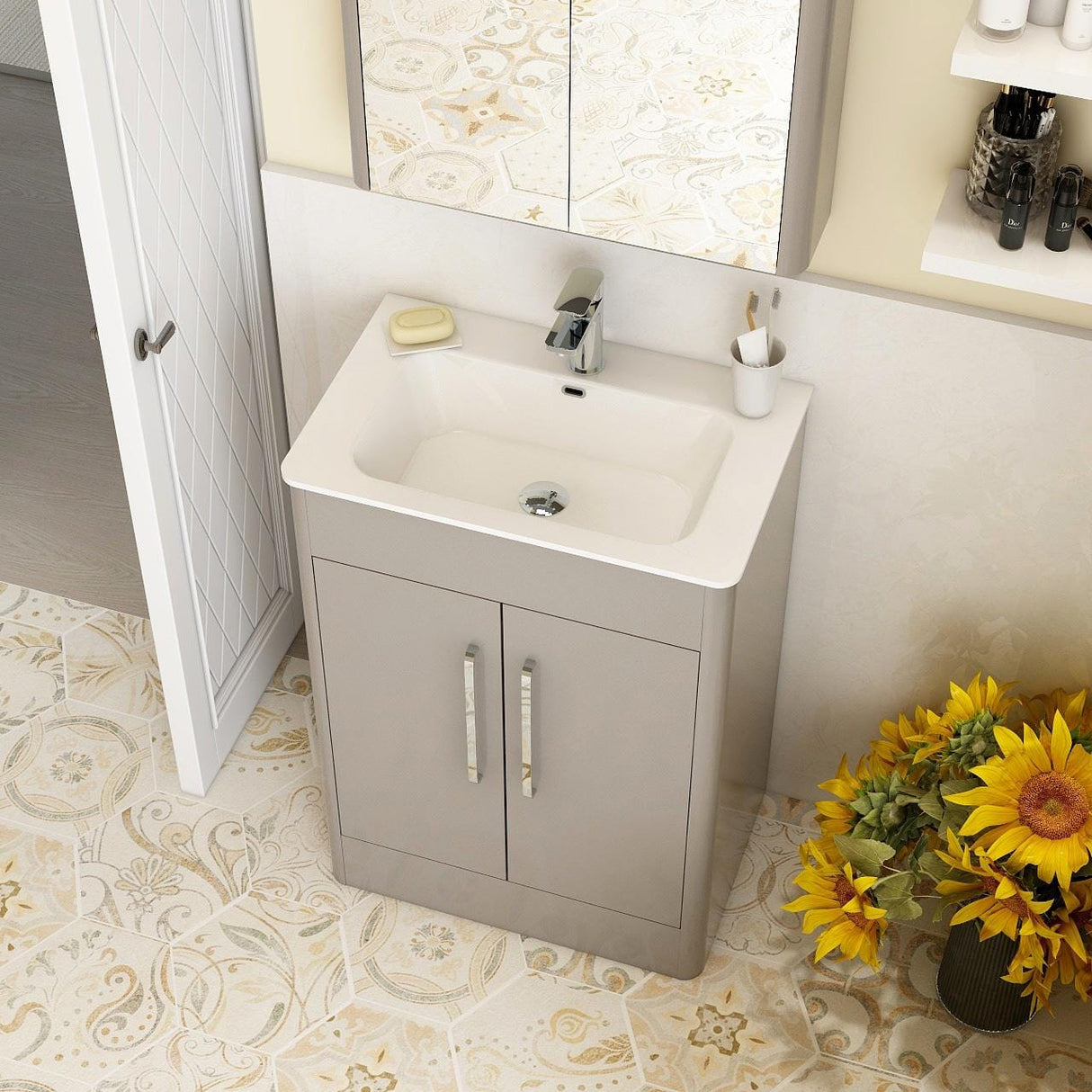 Imex Floor Standing Matt Ash Imex Suburb Floor Standing 600mm Double Door Vanity Unit with Basin