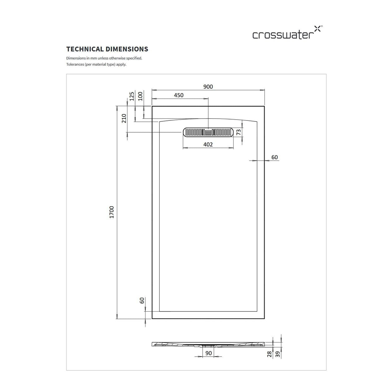 Crosswater Rectangle Shower Tray Crosswater Vito Rectangle 25mm Stone Resin Shower Tray 900 x 1700mm in Matt White with Waste