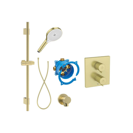 Roca Concealed Shower Set Brushed Brass Roca T-500 Square Thermostatic Concealed Shower Valve with Shower Handset and Slide Rail Set