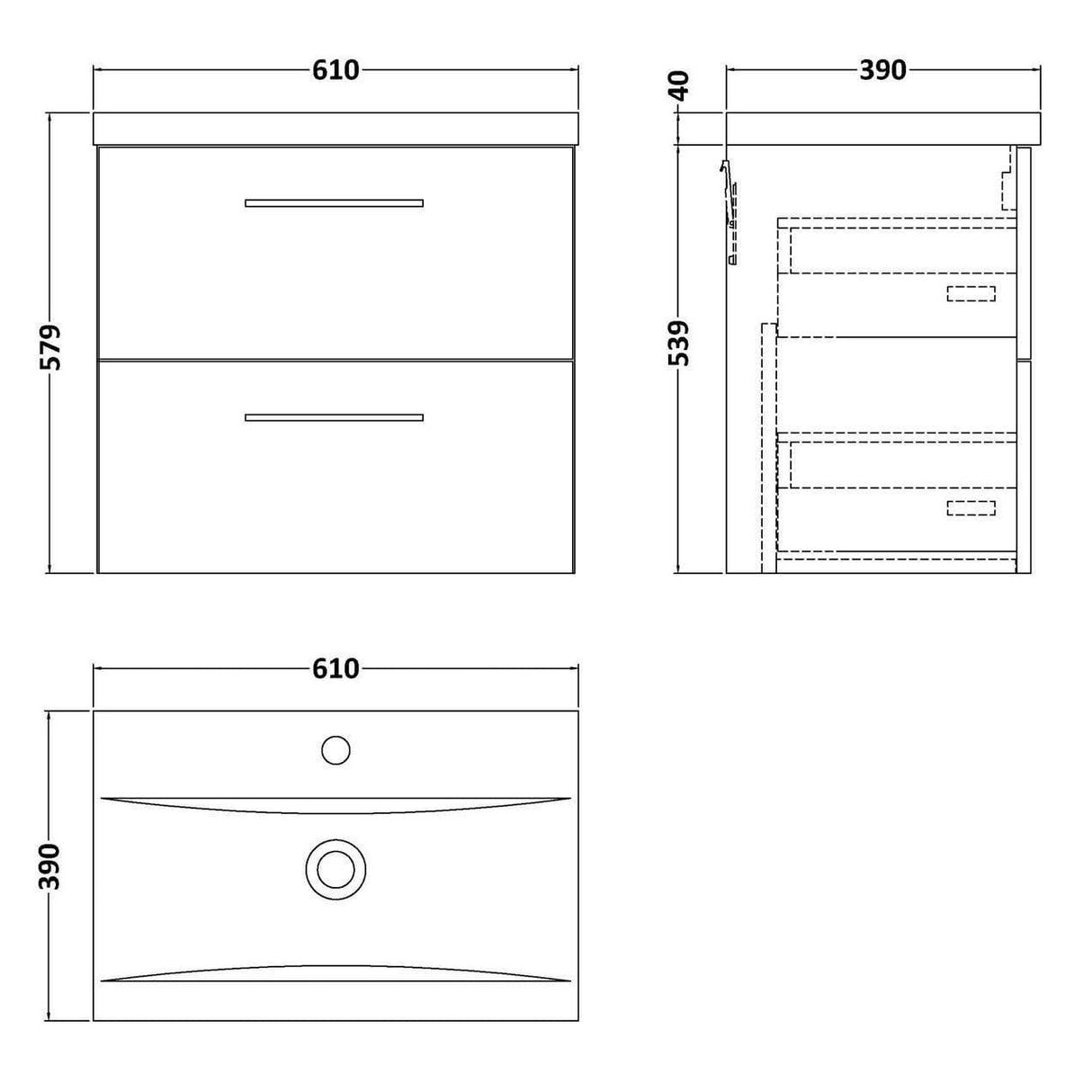 Aquarius Bathrooms Wall Mounted Vanity Unit Aquarius Brisbane 600mm Wall Hung 2 Drawer Vanity Unit with 1 Tap Hole Mid Edge Basin