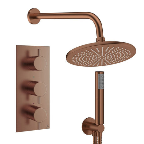 Crosswater Concealed Shower Set Brushed Bronze / Wall Arm / 300mm Crosswater Design 3 Handle 2 Outlet Shower Set 7 with Pencil Handset and Rainfall Shower Head