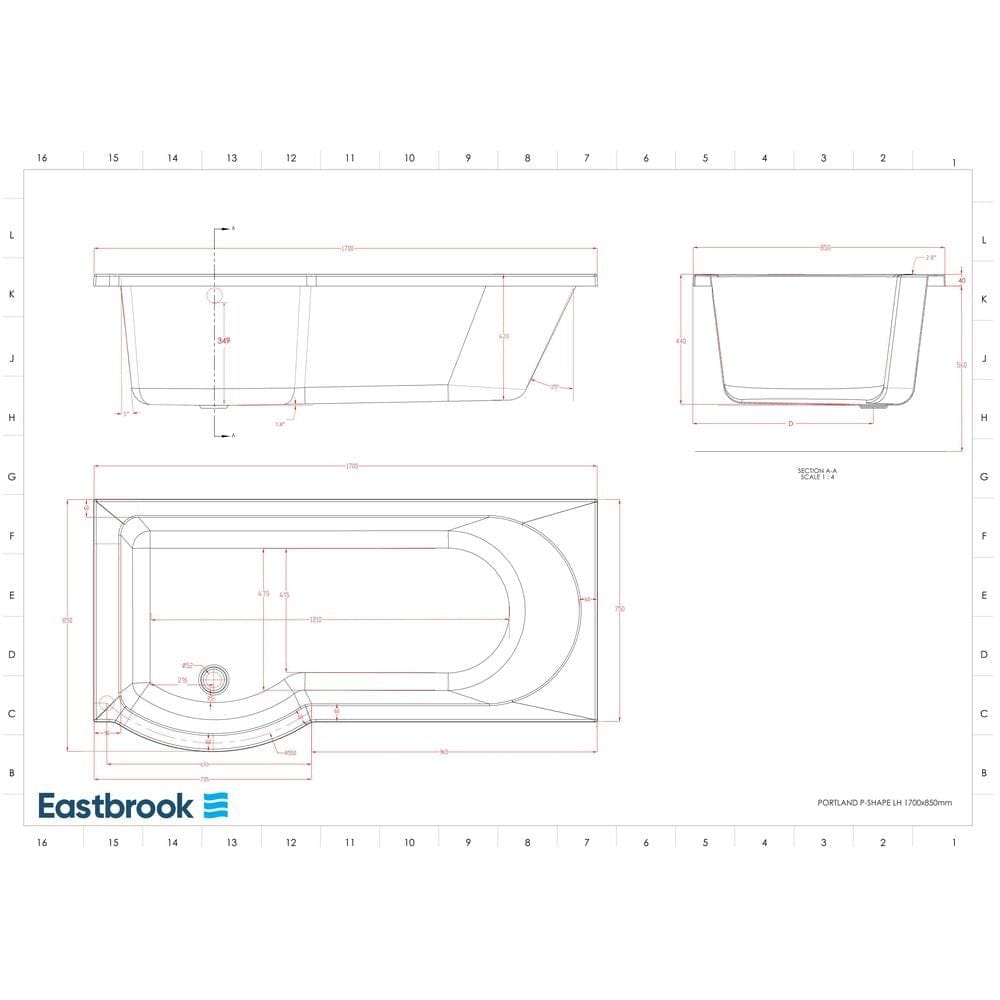 Eastbrook P-Shaped Shower Bath Eastbrook Portland P-Shape Shower Bath - 1700 x 850mm - Left Handed