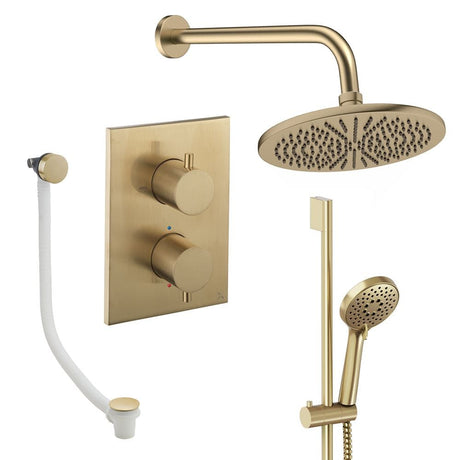 UK Bathroom Store Concealed Shower Set Brushed Brass / Wall Arm / 300mm Crosswater Crossbox Shower Set 10 - 3 Outlet with Fixed Overhead Shower, Slide Rail Kit and Overflow Bath Filler Waste