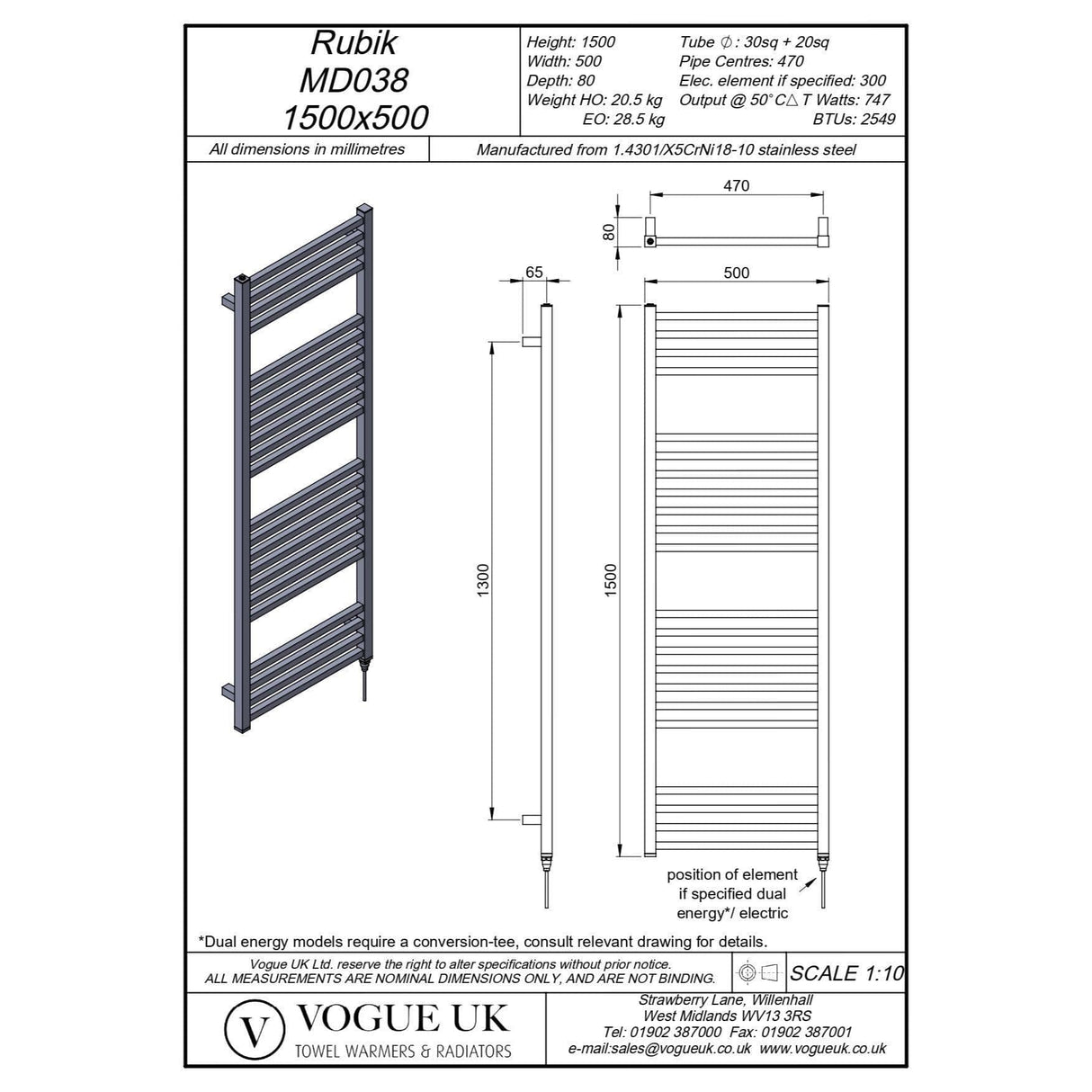 Vogue Designer Towel Radiator 1500 x 500 / Electric Only Vogue Rubik Designer Towel Radiator in Polished Stainless Steel