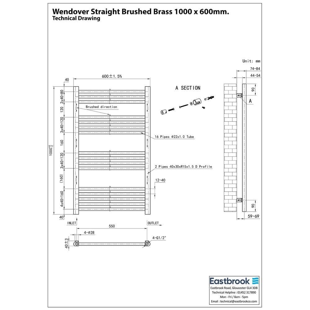 Eastbrook Wendover Straight Heated Towel Rail in Brushed Brass