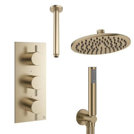 Crosswater Concealed Shower Set Brushed Brass / Ceiling Arm / 200mm Crosswater Design 3 Handle 2 Outlet Shower Set 7 with Pencil Handset and Rainfall Shower Head