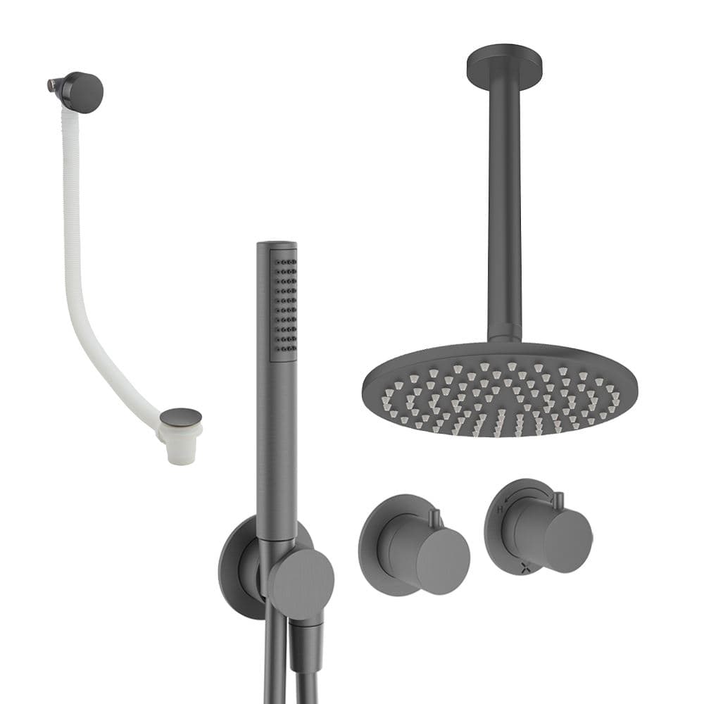 UK Bathroom Store Concealed Shower Set Slate / Ceiling Arm / 200mm Crosswater Module Shower Set 9 - 3 Outlet with Pencil Handset, Overhead Shower and Overflow Filler