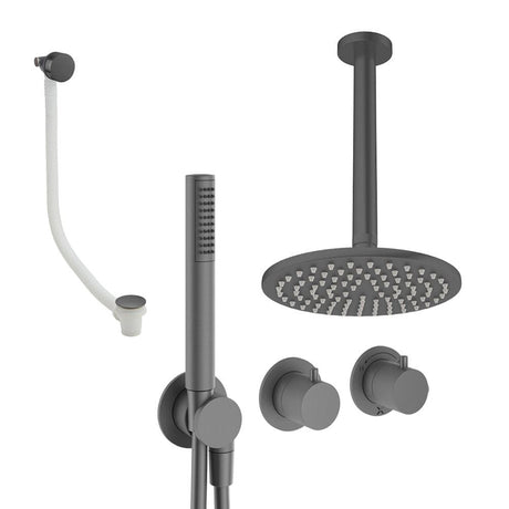 UK Bathroom Store Concealed Shower Set Slate / Ceiling Arm / 200mm Crosswater Module Shower Set 9 - 3 Outlet with Pencil Handset, Overhead Shower and Overflow Filler