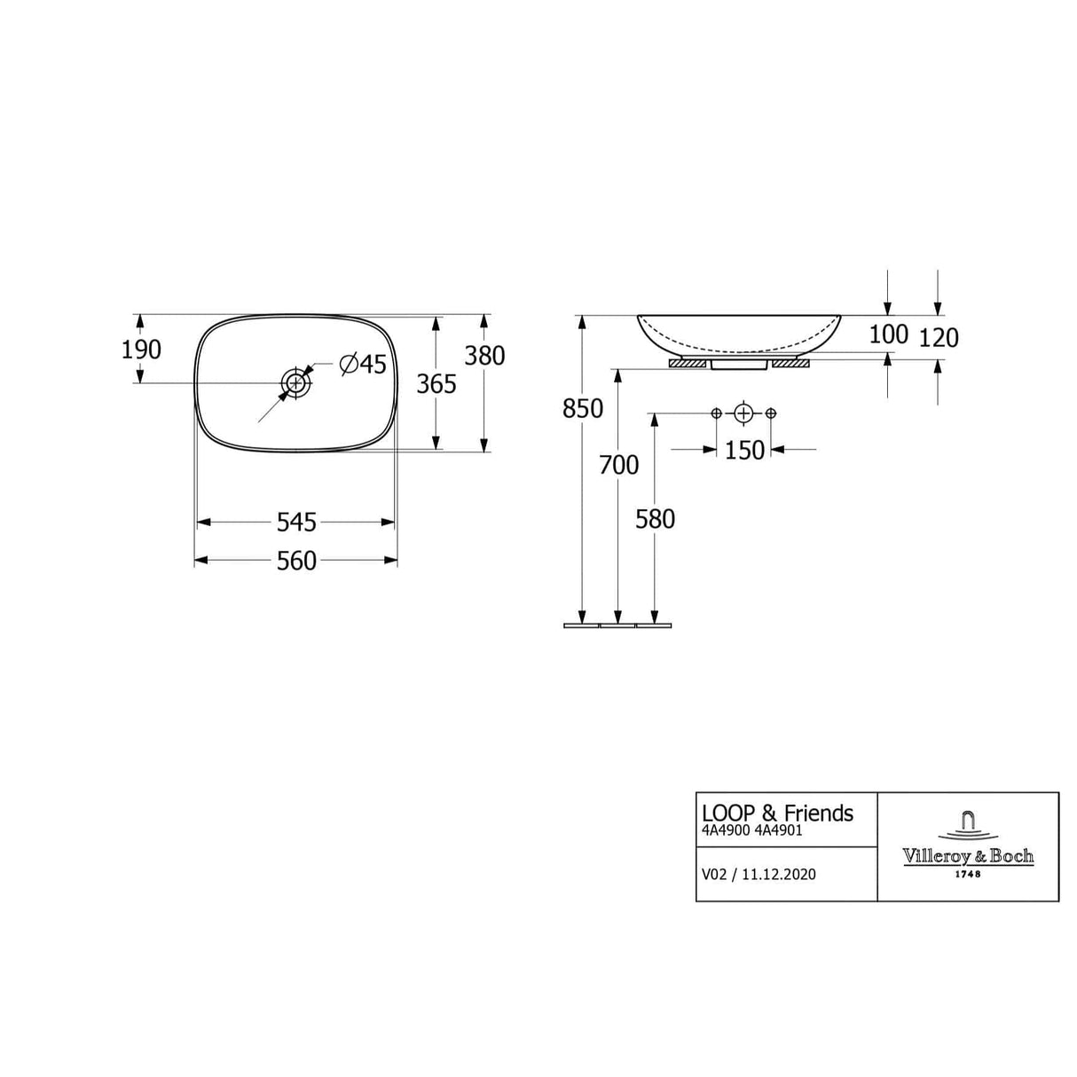 Villeroy & Boch Countertop Basin Villeroy & Boch Loop & Friends Curved Rectangular 560mm Countertop Basin (with Overflow) in White Alpin