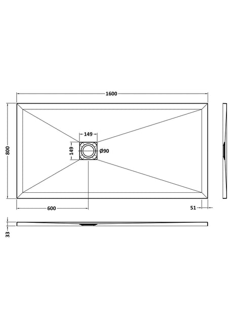 UK Bathroom Store Rectangle Shower Tray 1600x800mm Aquarius Urbano Slimline 33mm Slate Effect Rectangular Stone Resin Shower Tray in Black Slate