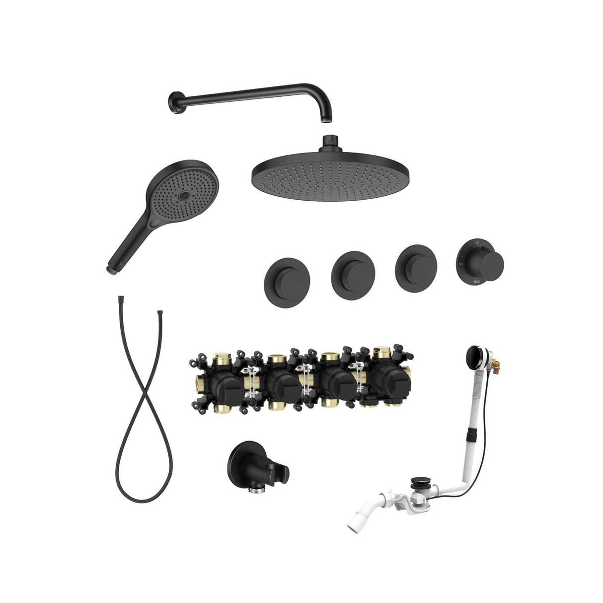 Roca Concealed Shower Set Matt Black Roca T-Multi Switch Thermostatic Concealed Shower Valve with Rainshower Head, Shower Handset and  Overflow Bath Filler