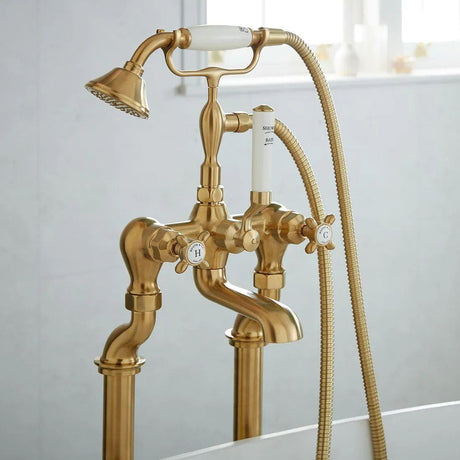 Vado Freestanding Bath Filler Brushed Brass/Crackled White Booth & Co Axbridge Crosshead Floor Standing Bath Shower Mixer with Shower Kit