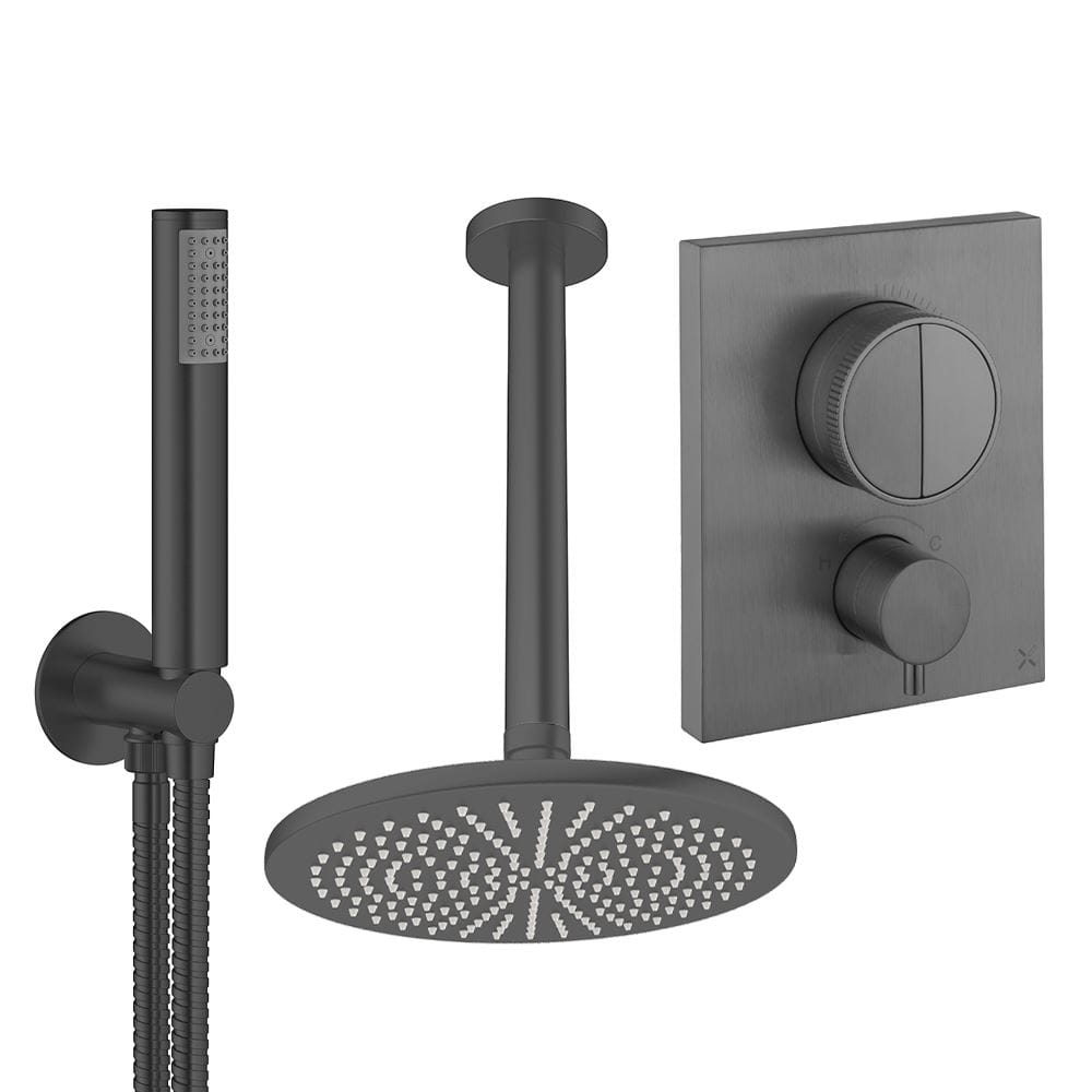 UK Bathroom Store Concealed Shower Set Slate / Ceiling Arm / 300mm Crosswater Crossbox Push Shower Set 1 - 2 Outlet with Fixed Overhead Shower and Pencil Handset